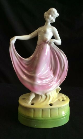 Art Deco Porcelain Dancing Lady Flower Frog Pink & Green 9.  25 " Germany