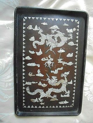 Oriental Black Wooden Tray 5 Claw Dragons With Mother Of Pearl Inlay