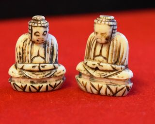 Vintage Hand Carved Buddha Ivory Color Mini Figurines Set Of 2