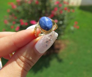 Vintage 18K Solid Yellow Gold Star Blue Sapphire Filigree Ring Size 7.  25 7