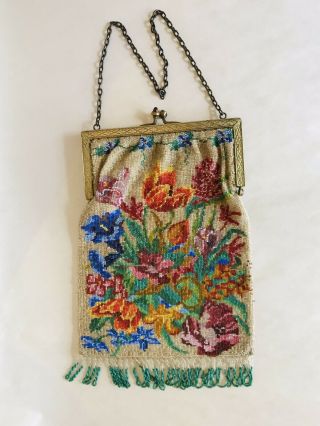 Vintage Antique European Micro Beaded Purse Floral Purse