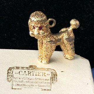 Large Vintage Solid 14K Gold Poodle Dog Pendant With Ruby Eyes In Cartier Box 12