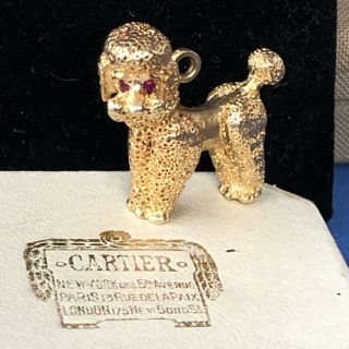 Large Vintage Solid 14k Gold Poodle Dog Pendant With Ruby Eyes In Cartier Box