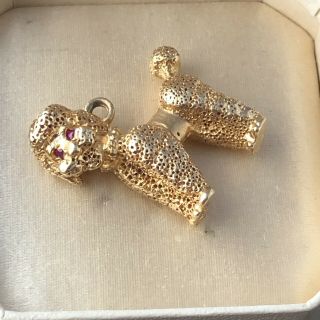 Large Vintage Solid 14K Gold Poodle Dog Pendant With Ruby Eyes In Cartier Box 2