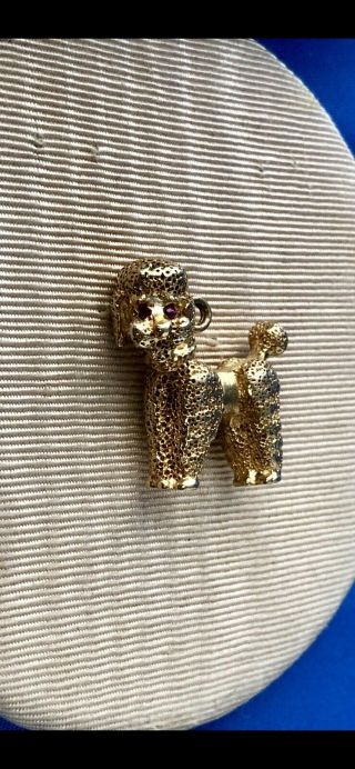 Large Vintage Solid 14K Gold Poodle Dog Pendant With Ruby Eyes In Cartier Box 3