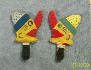 2 Vintage Wood Folk Art Ring Toss Creepy Clown Toy Game Hand Painted Antique