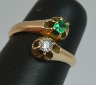 Antique Old Cut Diamond & Emerald Toi Et Moi 14ct Gold Ring t0357 10