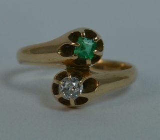 Antique Old Cut Diamond & Emerald Toi Et Moi 14ct Gold Ring t0357 11