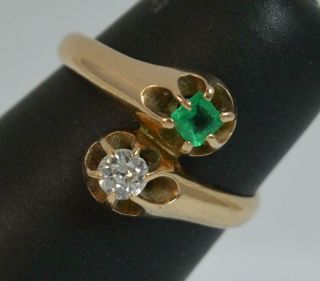 Antique Old Cut Diamond & Emerald Toi Et Moi 14ct Gold Ring T0357