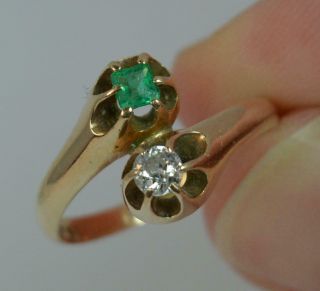 Antique Old Cut Diamond & Emerald Toi Et Moi 14ct Gold Ring t0357 2