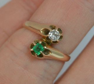 Antique Old Cut Diamond & Emerald Toi Et Moi 14ct Gold Ring t0357 3