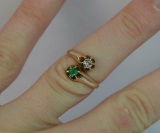 Antique Old Cut Diamond & Emerald Toi Et Moi 14ct Gold Ring t0357 4