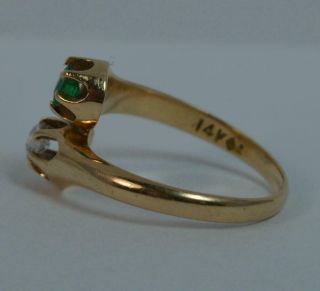 Antique Old Cut Diamond & Emerald Toi Et Moi 14ct Gold Ring t0357 6