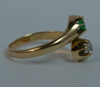 Antique Old Cut Diamond & Emerald Toi Et Moi 14ct Gold Ring t0357 8