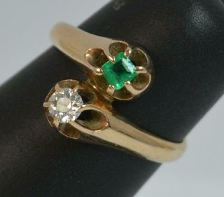 Antique Old Cut Diamond & Emerald Toi Et Moi 14ct Gold Ring t0357 9