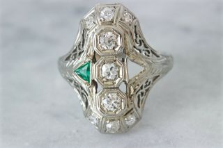 Antique Art Deco Ring Emerald & Diamond 14k 18k White Gold For Repair Size 8