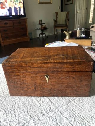 Antique English Wood Writing Slope Desk Box Brass Mounts Inlay 12” Wide