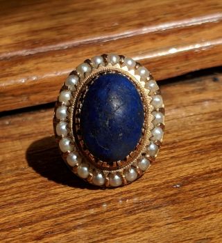 Vintage Yellow Gold Cocktail Pearls And Lapis Lazuli Ring 7 To 7.  25