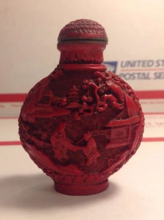 Vintage Antique Asian Chinese Export Red Carved Cinnabar Lacquer Snuff Bottle