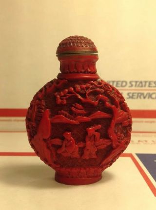 Vintage ANTIQUE Asian CHINESE EXPORT RED CARVED CINNABAR Lacquer SNUFF BOTTLE 2