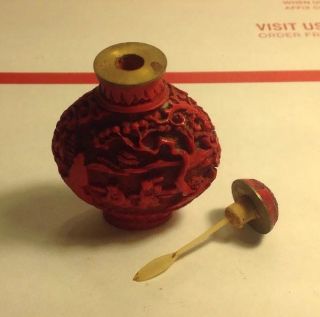 Vintage ANTIQUE Asian CHINESE EXPORT RED CARVED CINNABAR Lacquer SNUFF BOTTLE 5
