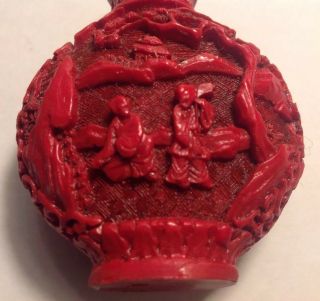 Vintage ANTIQUE Asian CHINESE EXPORT RED CARVED CINNABAR Lacquer SNUFF BOTTLE 7