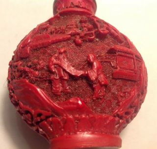 Vintage ANTIQUE Asian CHINESE EXPORT RED CARVED CINNABAR Lacquer SNUFF BOTTLE 8