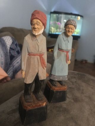 Vintage Hand Carved Wooden Figurine Old Woman And Man Signed Agnes Dube