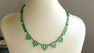 Czech Vintage Art Deco Green Vauxhall Glass Necklace Rare