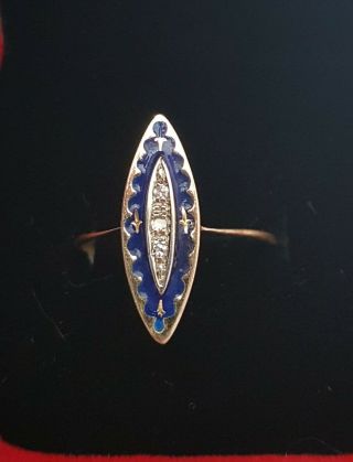 Georgian 15ct French Blue Enamel Diamond Mourning Ring Si1 Fleur De Lis Size 9