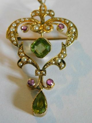 Antique Art Nouveau 15ct Gold Peridot Ruby & Pearl Pendant - Brooch