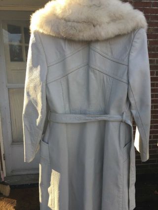 VINTAGE Trench Peacoat LEATHER Silver Fox Mink Stole Womens Coat Jacket Size 10 12