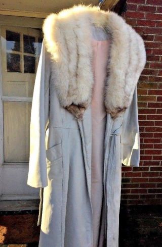Vintage Trench Peacoat Leather Silver Fox Mink Stole Womens Coat Jacket Size 10