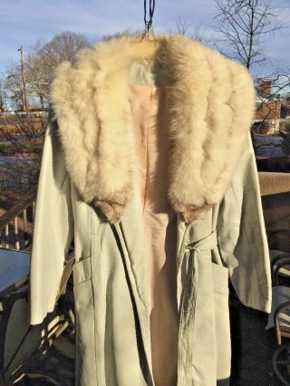 VINTAGE Trench Peacoat LEATHER Silver Fox Mink Stole Womens Coat Jacket Size 10 2