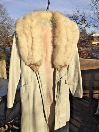 VINTAGE Trench Peacoat LEATHER Silver Fox Mink Stole Womens Coat Jacket Size 10 3
