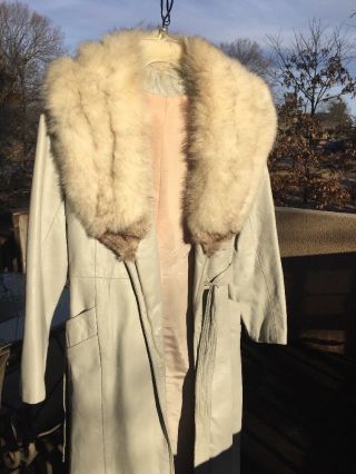 VINTAGE Trench Peacoat LEATHER Silver Fox Mink Stole Womens Coat Jacket Size 10 4
