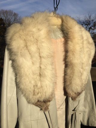 VINTAGE Trench Peacoat LEATHER Silver Fox Mink Stole Womens Coat Jacket Size 10 5