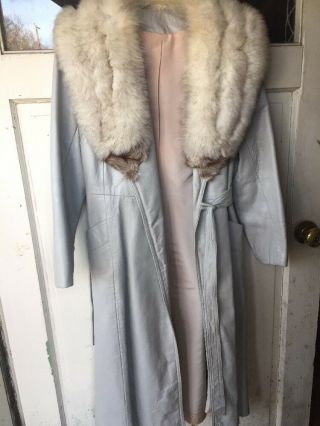 VINTAGE Trench Peacoat LEATHER Silver Fox Mink Stole Womens Coat Jacket Size 10 7