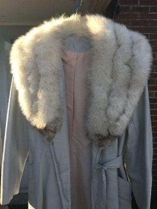 VINTAGE Trench Peacoat LEATHER Silver Fox Mink Stole Womens Coat Jacket Size 10 8