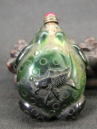 Chinese Carp Frog Carved Peking Overlay Glass Snuff Bottle