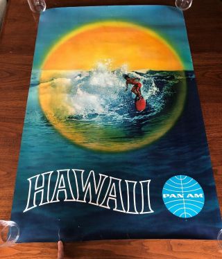 - Rare Pan Am Hawaii Vintage Surfer Travel Poster
