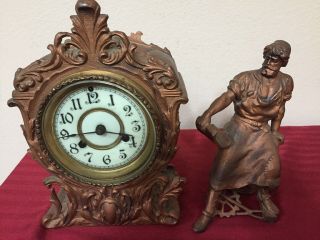 19thc Antique Victorian Era Blacksmith Statue Old Waterbury Figural Mantel Clock