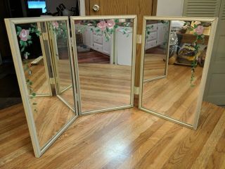 Vintage White Metal Tri - Fold Vanity Dresser Mirror Hand Painted Floral Accents