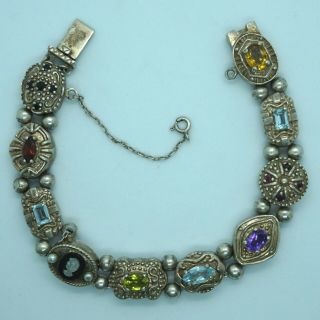 Rare Vtg Victorian Revival Sterling Silver Gemstone Slide Charm Bracelet 8.  25 "
