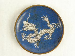 Antique Chinese Blue Ground Cloisonne Enamel On Copper Dish Dragon Motif