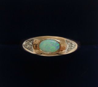 Vintage Opal And Diamond Three Stone Ring 14ct Yellow Gold - Size O (us 7) - 3.  2g