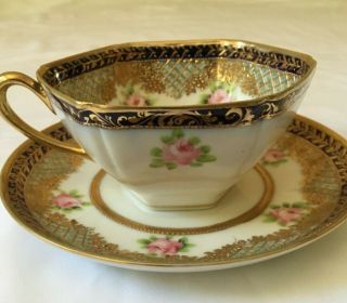 Antique Nippon Hand Painted Hexagon China Tea Cup & Saucer Raised Gold W Roses