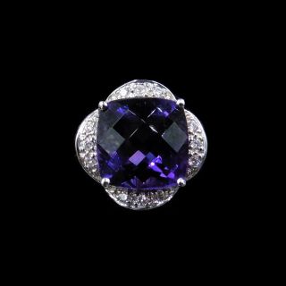 Amethyst And Diamond Chequerboard Cut Cluster 18k 18ct Yellow Gold Ring Vintage