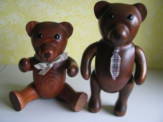 Rare Vintage T.  L.  Plum Solid Wood Carving Teddy Bear Boy & Girl