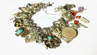 Vtg Sterling Silver 30 Charms Art Nouveau Navajo Turquoise Charm Bracelet 6 1/2 "